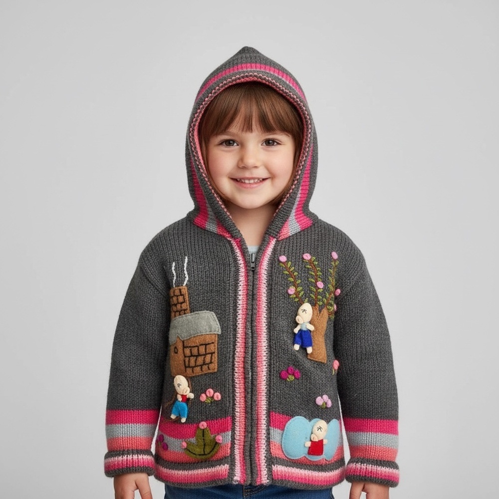 Lucy Iburg The Three Little Pigs Themed Knit Hooded Zip Up Sweater
